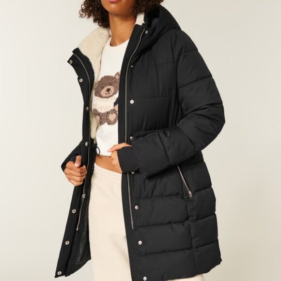 BNWT Women's Hollister Faux Fur-Lined Puffer Jacket, Black, XL - Picture 1 of 6